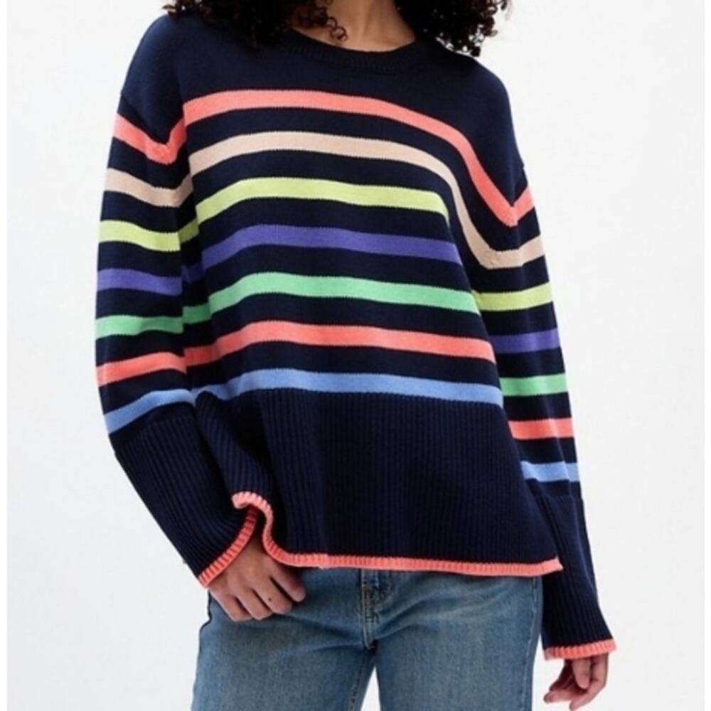 XS Gap 24/7 Rainbow Stripe Sweater Navy Split Hem Crewneck Colorful Preppy Pride